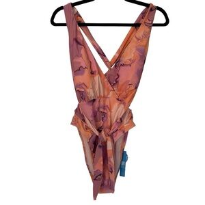 CUP SHE Women’s Summer Sky One-Piece Swimsuit Plunging Surplice Sash‎ Abstract L